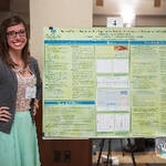 Student presetner standing to thei side of their poster, smiling and posing for a photo